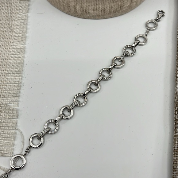 Vintage 925 Sterling Silver CZ Circle Link Bracelet, 7.5" - Picture 2 of 16